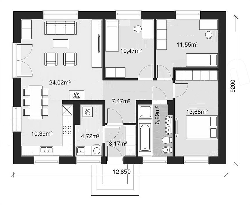 Проект дома 12 на 12 одноэтажный с 3 спальнями и гаражом